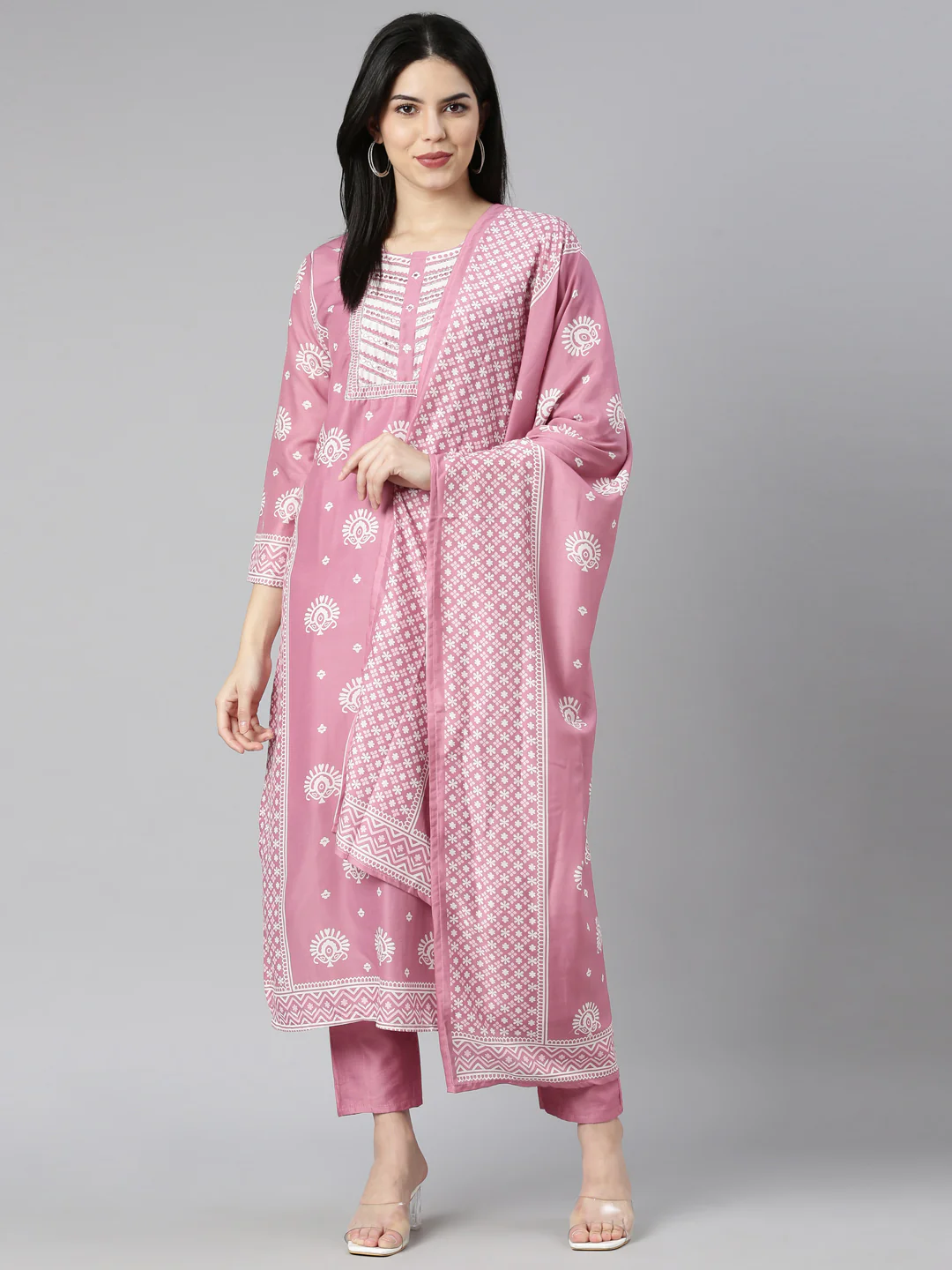 Neerus Pink Regular Straight Floral Kurta And Trousers With Dupatta - Image 5