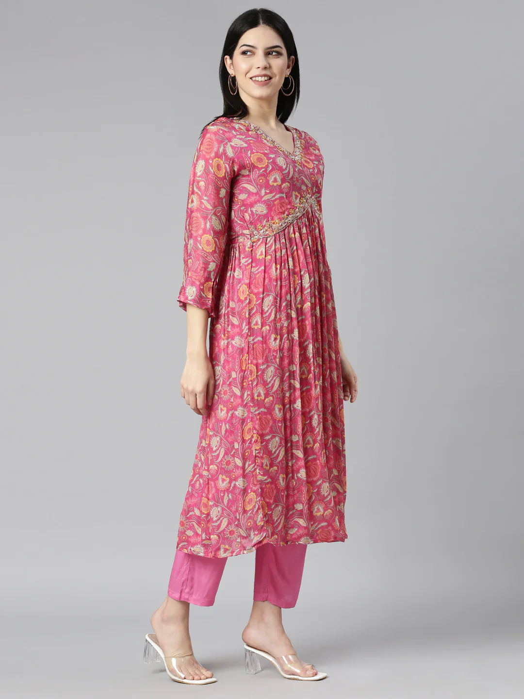 Neerus Pink Regular Straight Floral Kurta And Trousers With Dupatta - Image 2