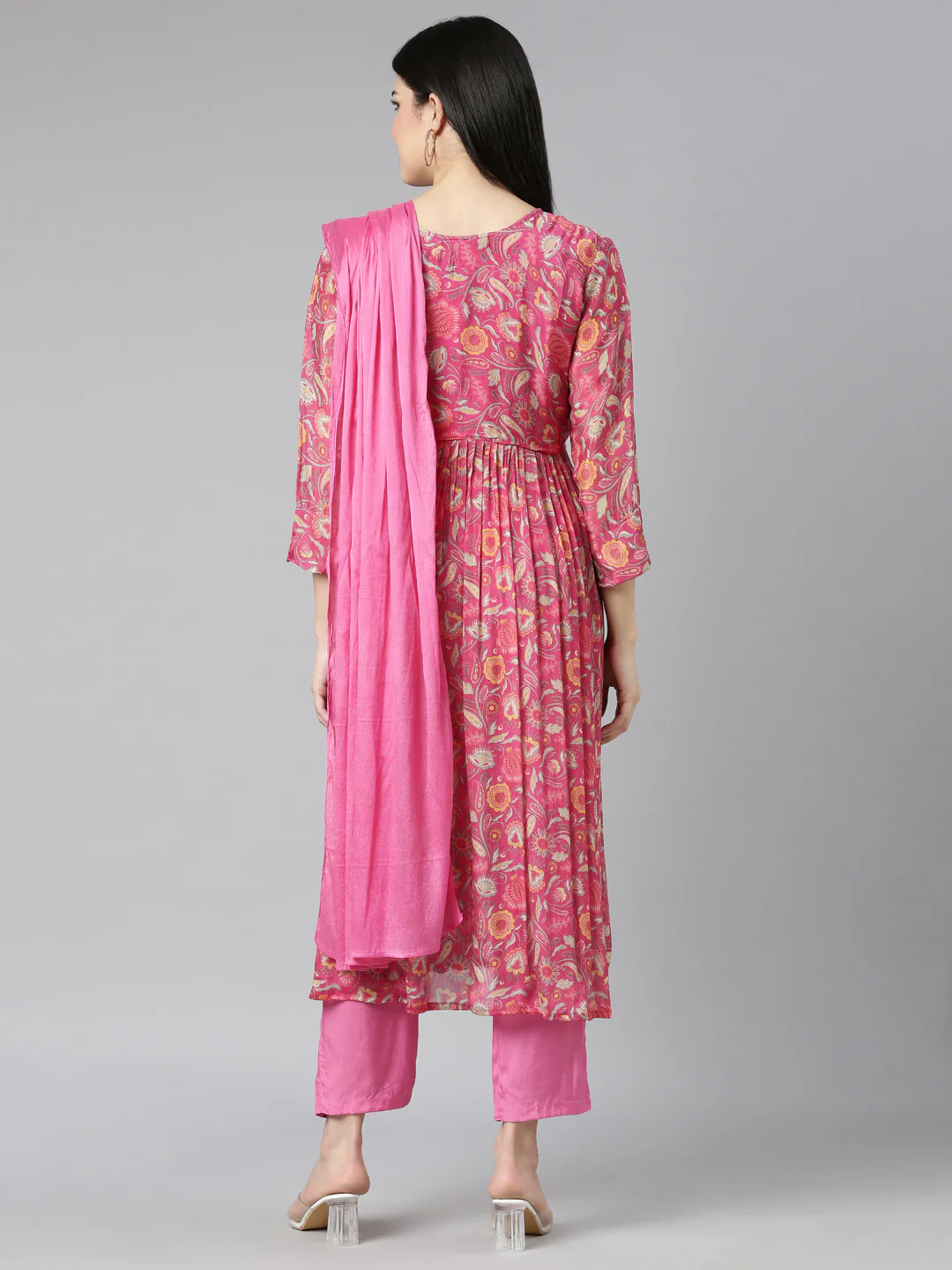 Neerus Pink Regular Straight Floral Kurta And Trousers With Dupatta - Image 3