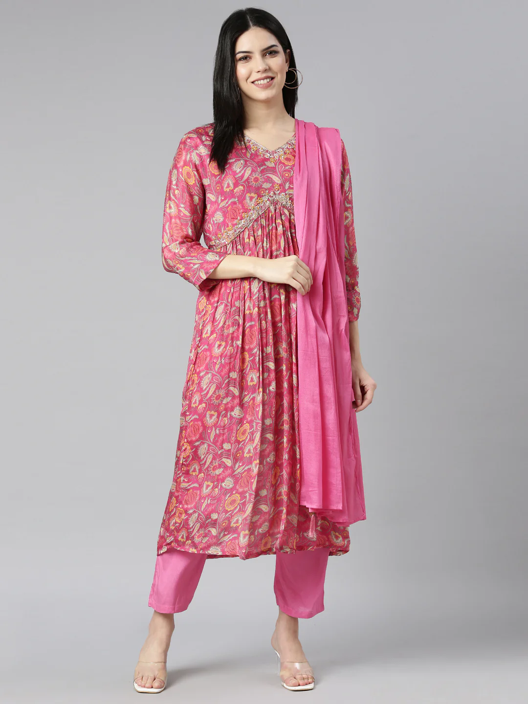 Neerus Pink Regular Straight Floral Kurta And Trousers With Dupatta - Image 5