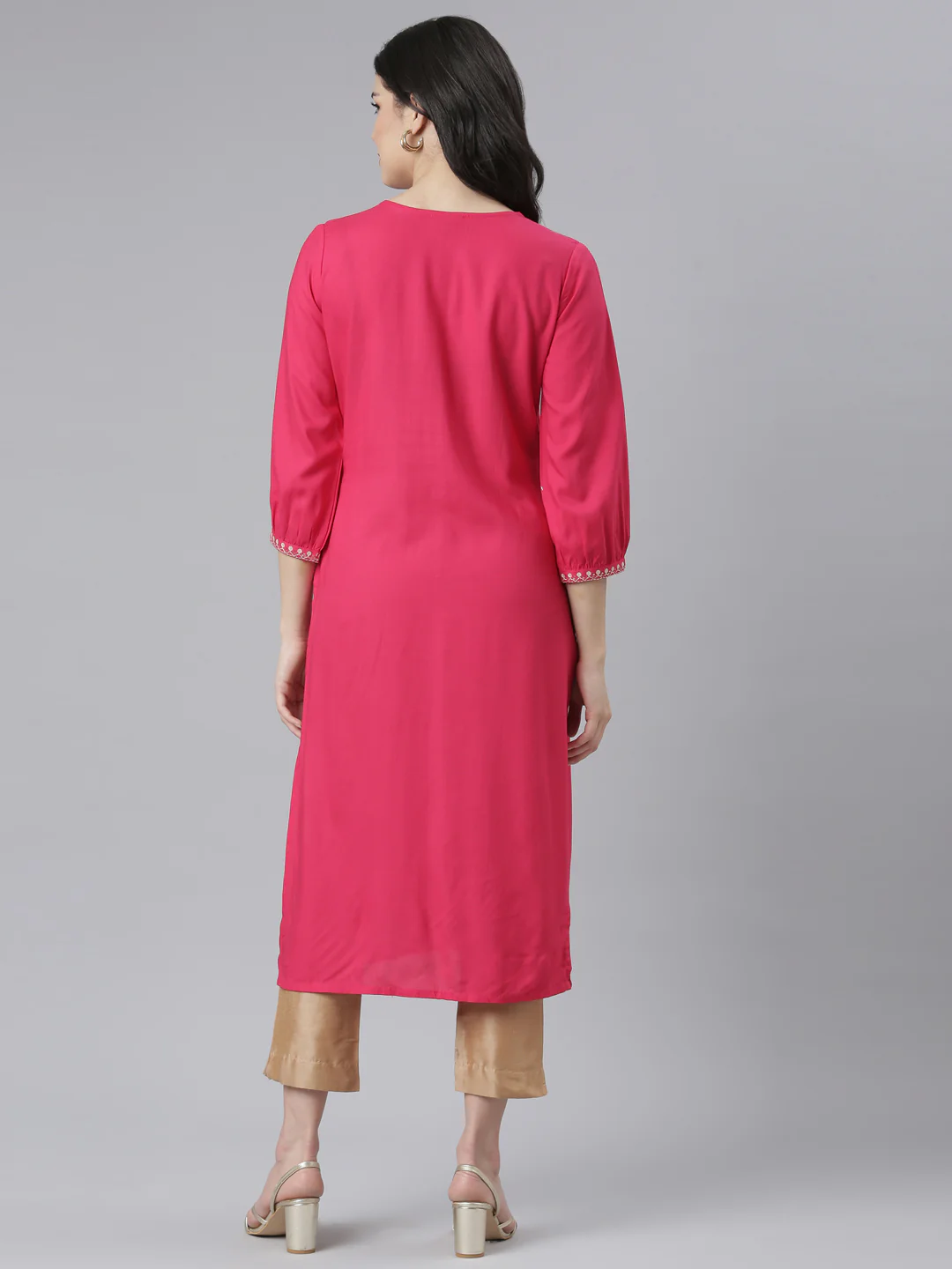 Neerus Pink Regular Straight Floral Kurta - Image 3