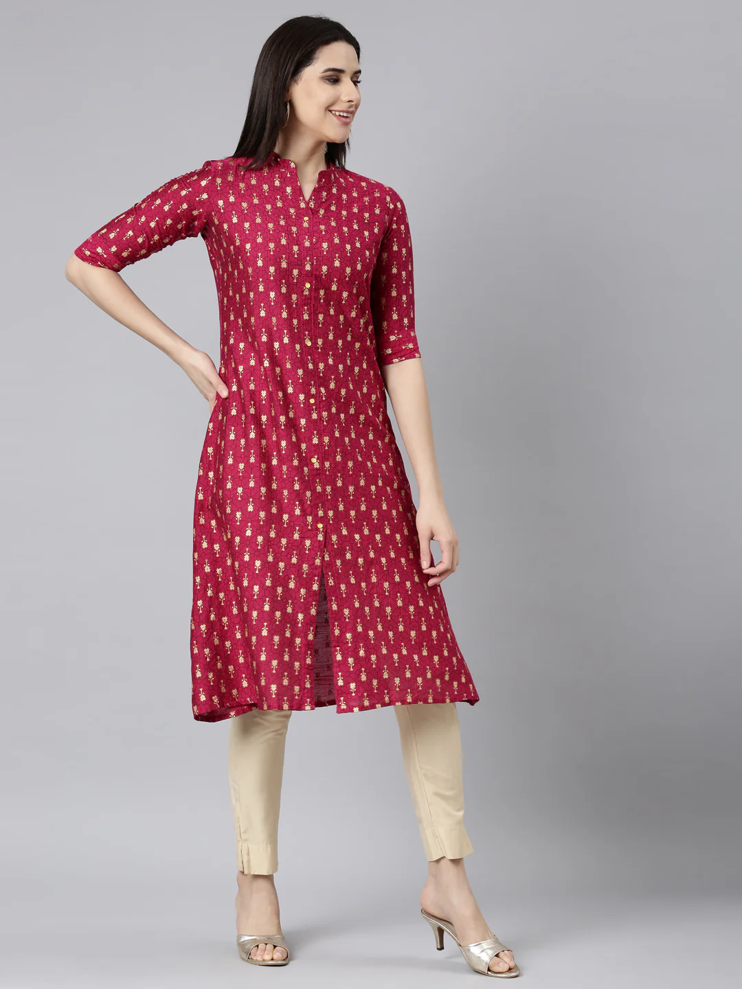 Neerus Pink Regular Straight Floral Kurta - Image 2