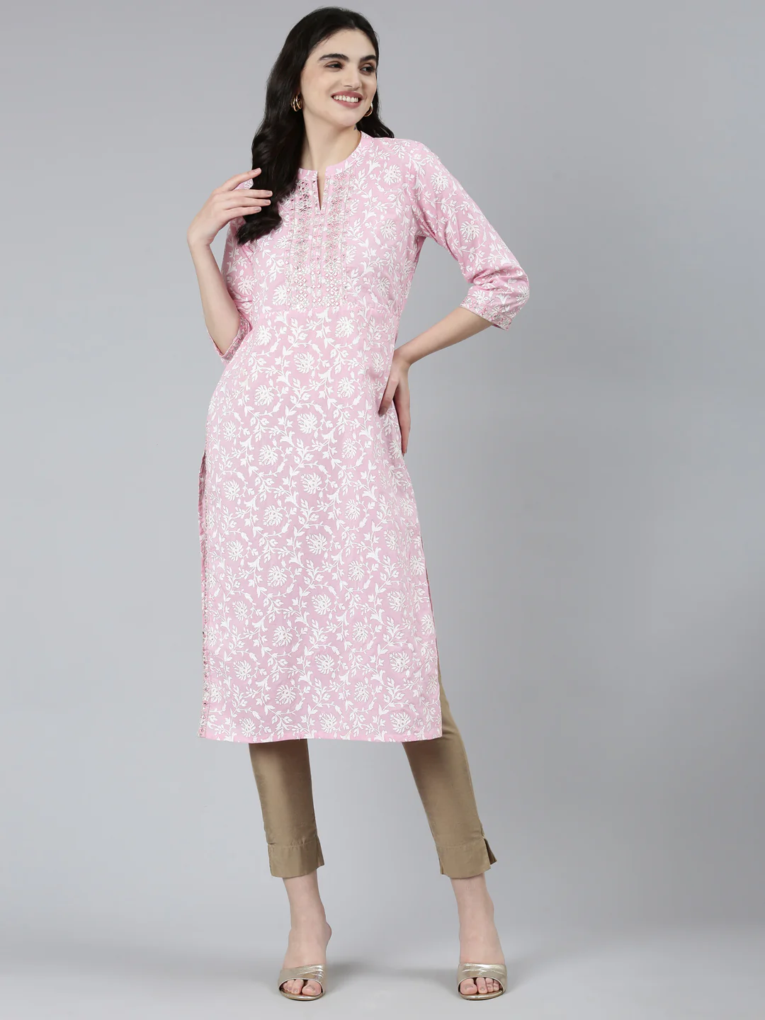Neerus Pink Regular Straight Floral Kurta - Image 4