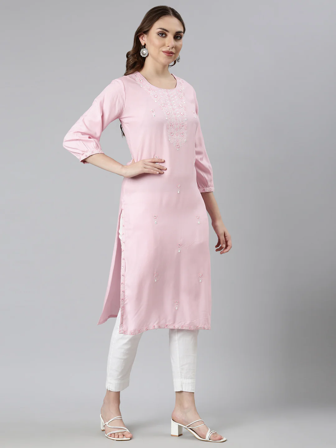 Neerus Pink Regular Straight Floral Kurta - Image 2
