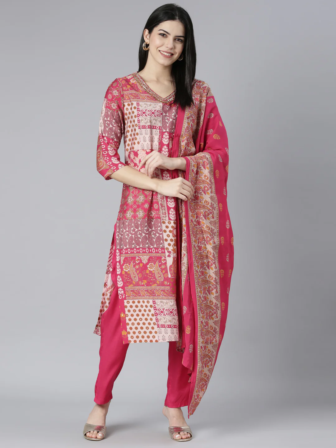 Neerus Pink Regular Straight Paisley Kurta And Trousers With Dupatta - Image 5
