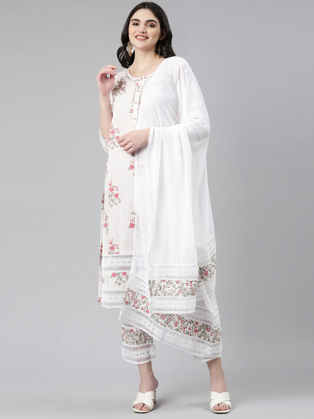 Neerus Pink Regular Straight Printed Kurta And Trousers With Dupatta