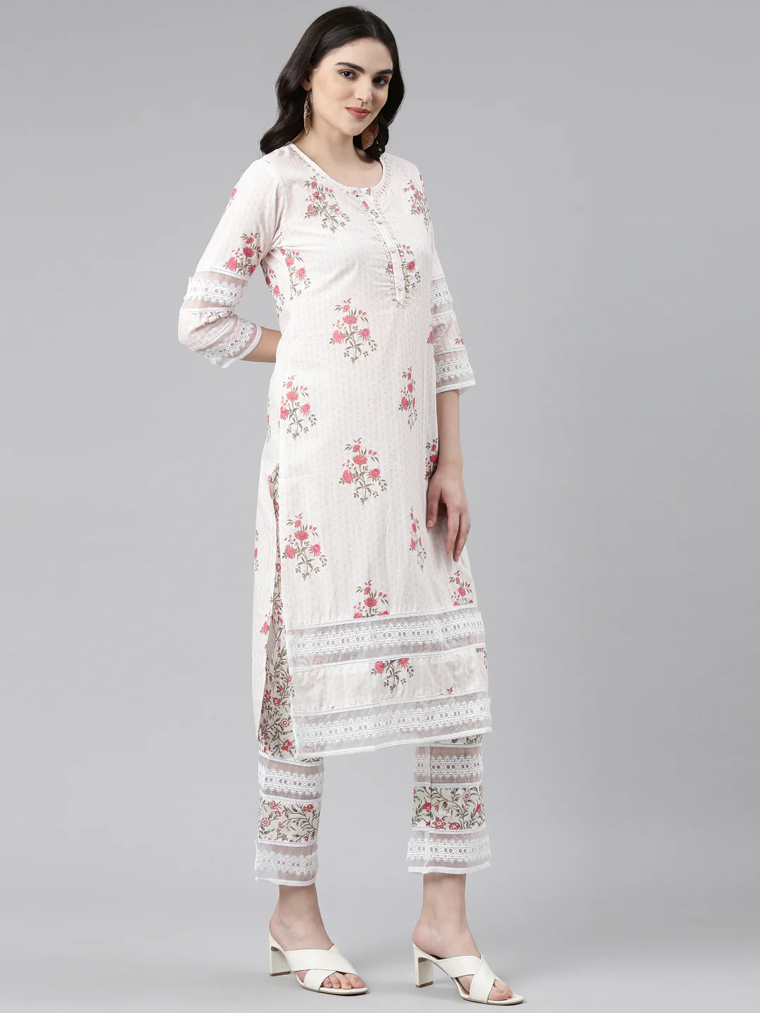 Neerus Pink Regular Straight Printed Kurta And Trousers With Dupatta - Image 2