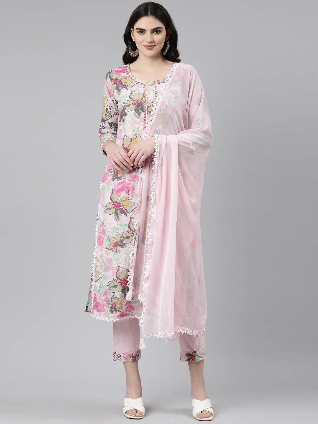Neerus Pink Regular Straight Printed Kurta And Trousers With Dupatta