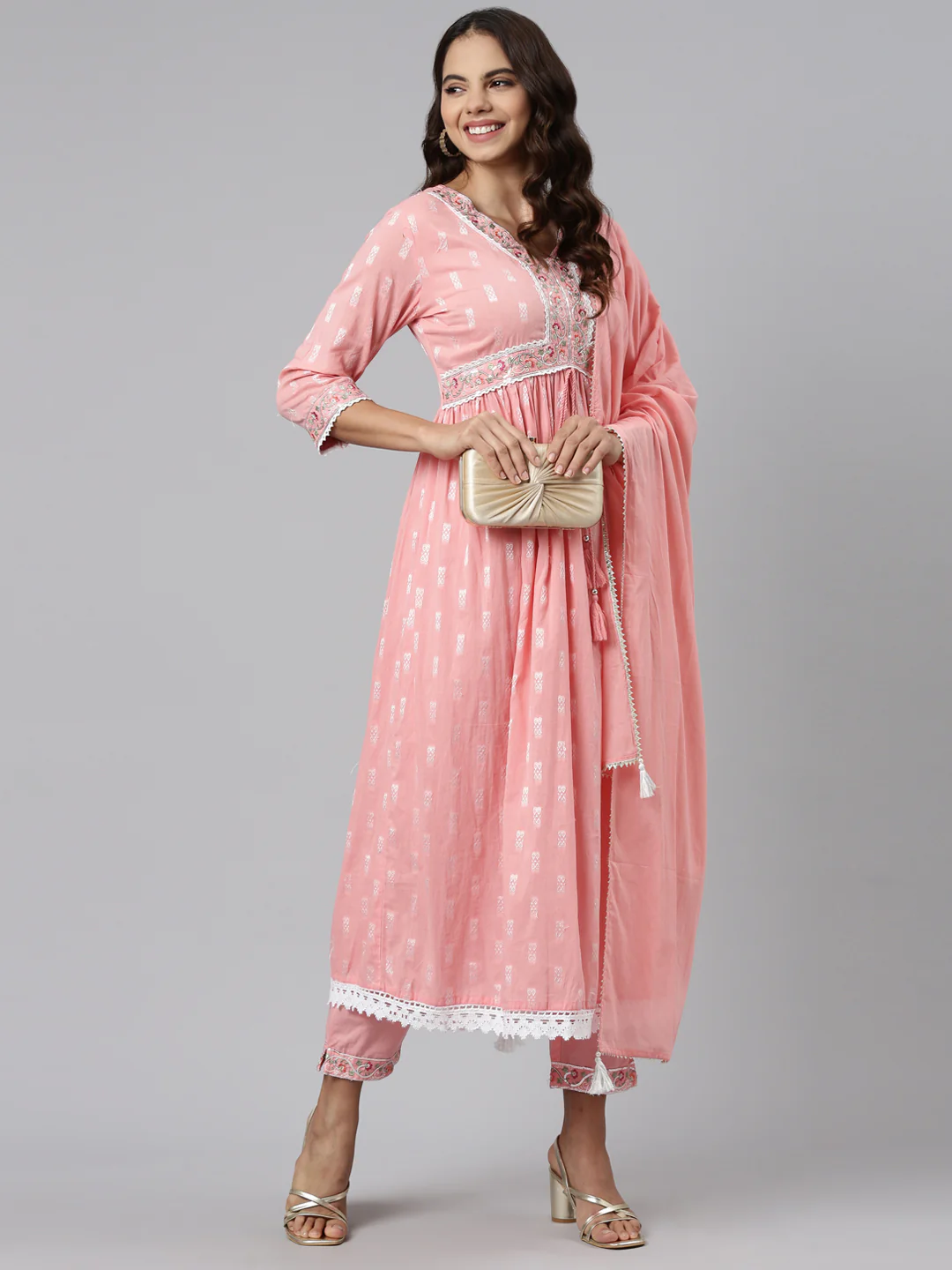 Neerus Pink Regular Straight Printed Kurta And Trousers With Dupatta - Image 5
