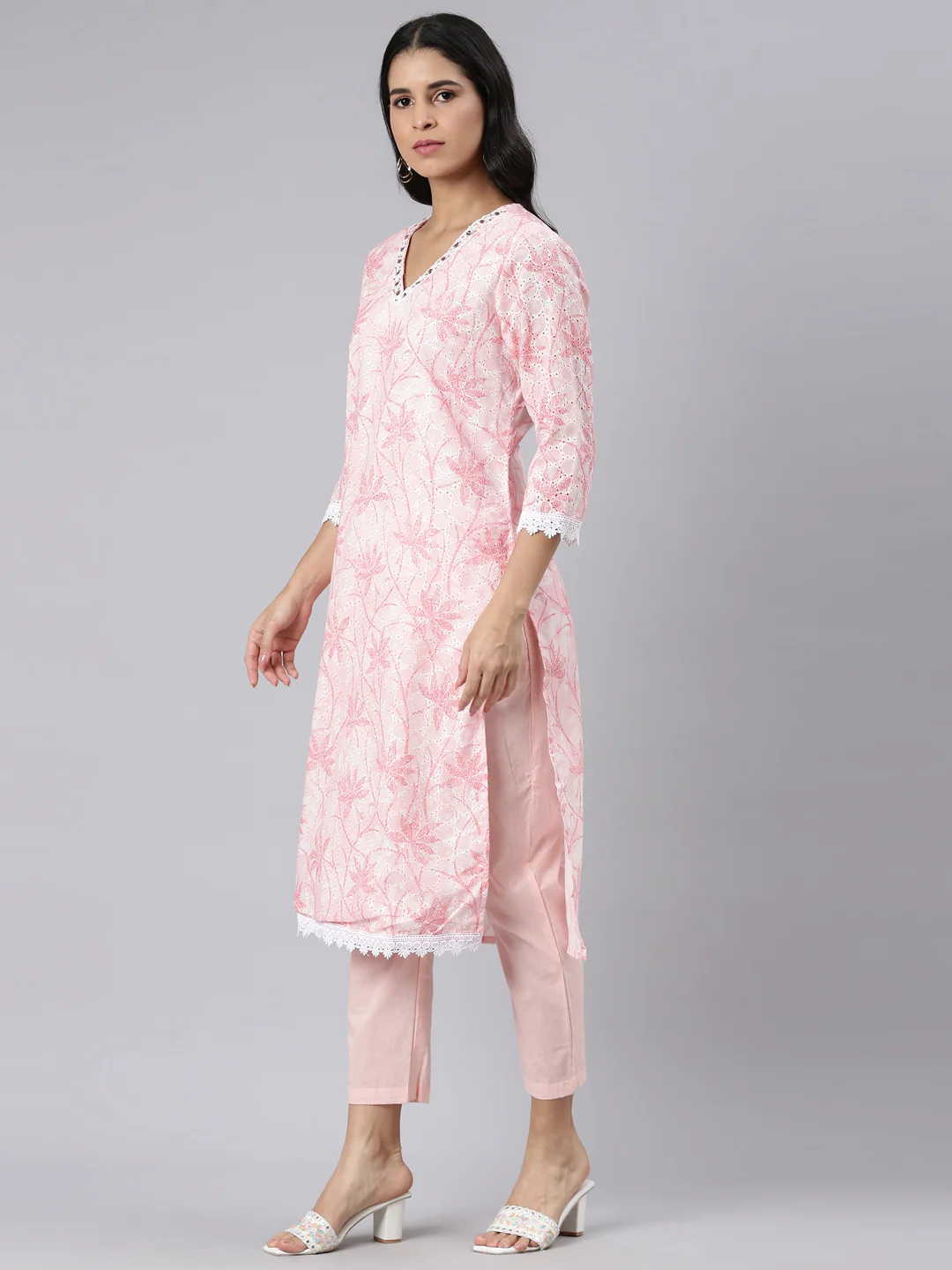 Neerus Pink Regular Straight Printed Kurta and Trousers With Dupatta - Image 2