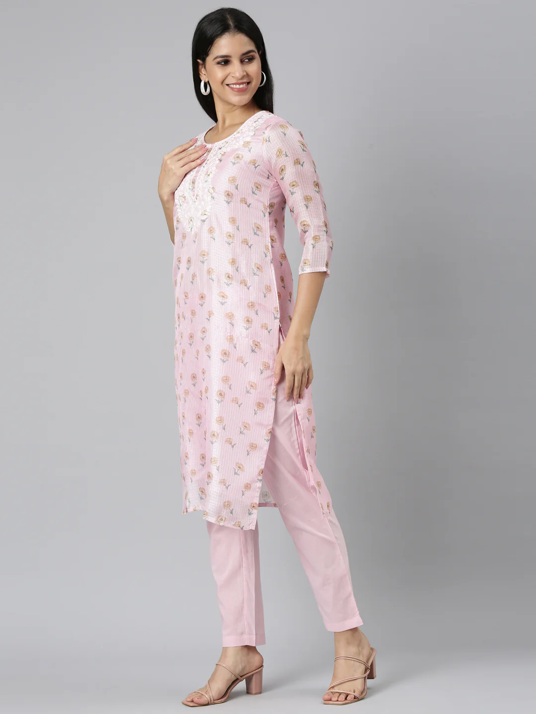 Neerus Pink Regular Straight Printed Kurta and Trousers With Dupatta - Image 2