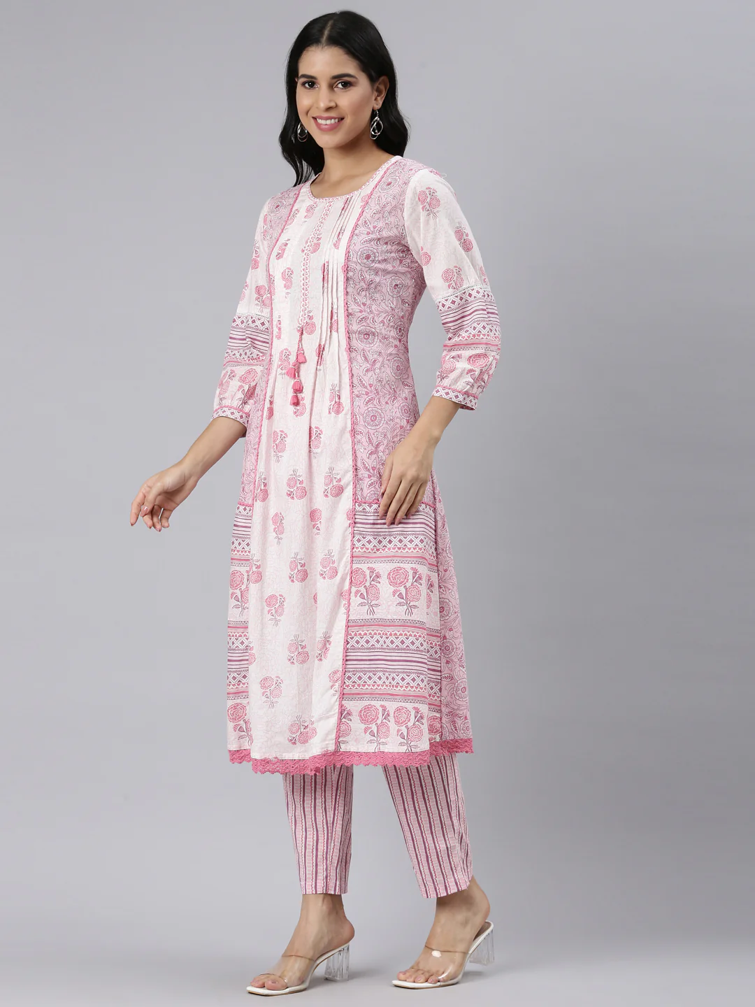 Neerus Pink Regular Straight Printed Kurta and Trousers With Dupatta - Image 2