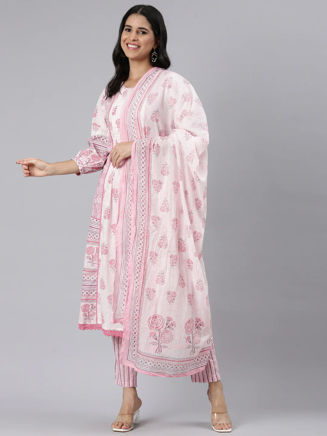 Neerus Pink Regular Straight Printed Kurta and Trousers With Dupatta - Image 5
