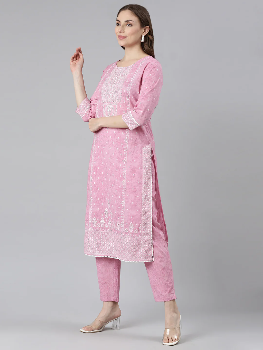 Neerus Pink Regular Straight Printed Kurta and Trousers With Dupatta - Image 2