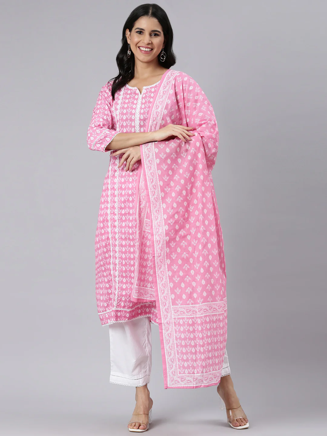 Neerus Pink Regular Straight Printed Kurta and Trousers With Dupatta - Image 5