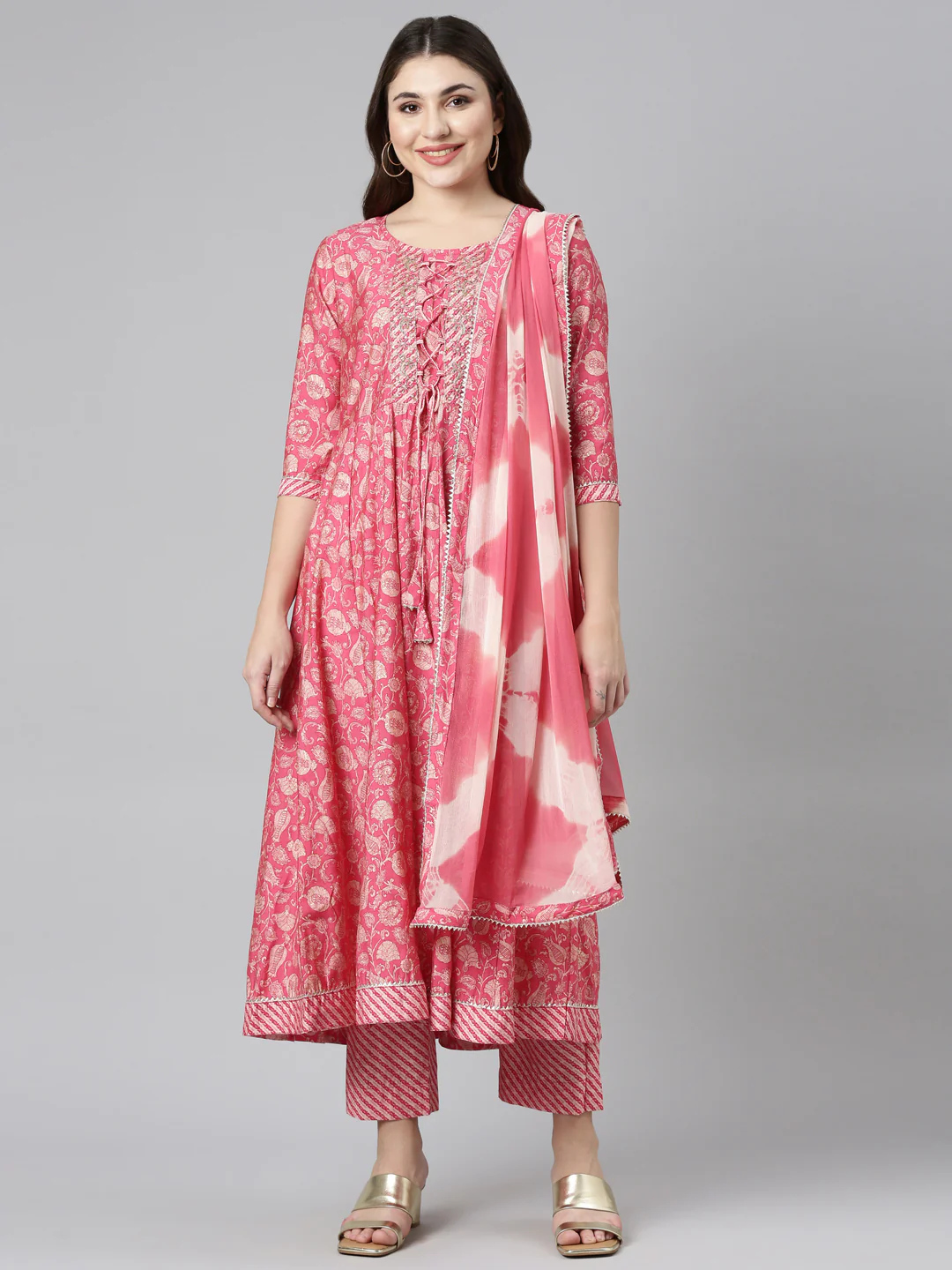 Neerus Pink Regular Straight Printed Kurta And Trousers With Dupatta