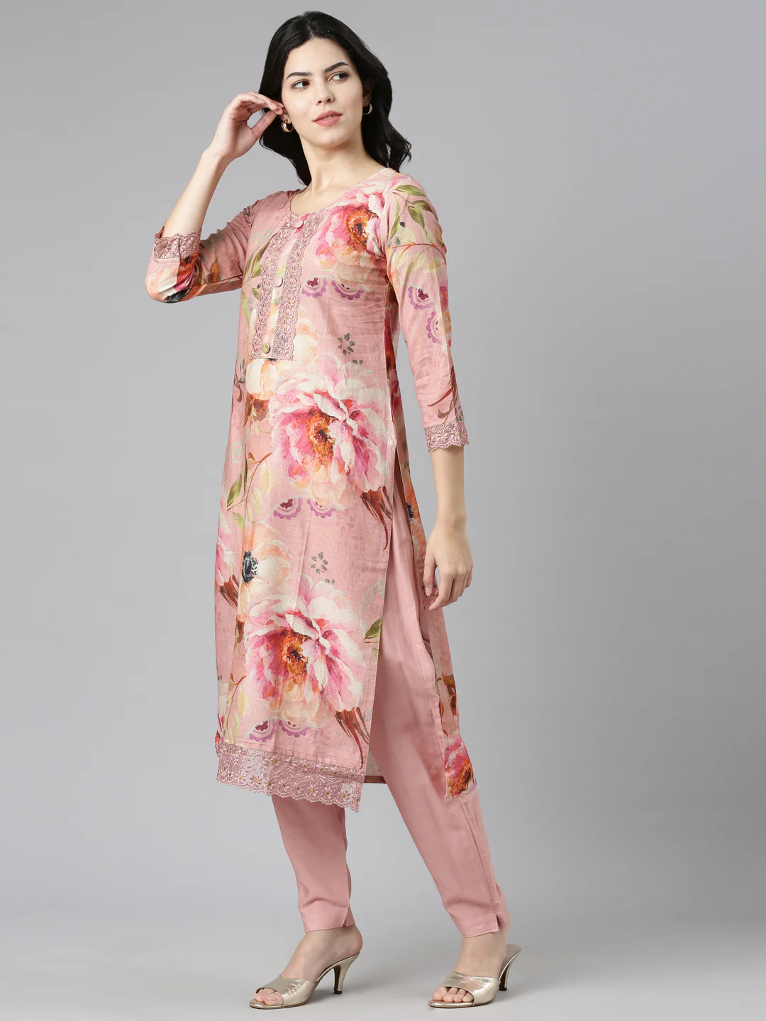 Neerus Pink Regular Straight Printed Kurta And Trousers With Dupatta - Image 2