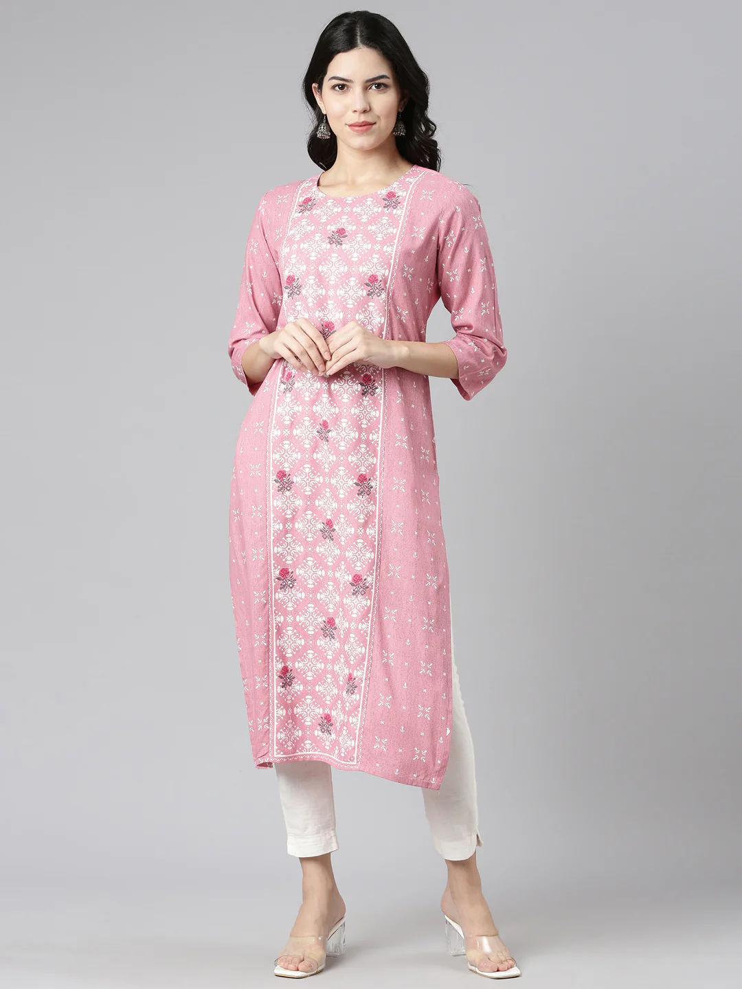 Neerus Pink Regular Straight Printed Kurta