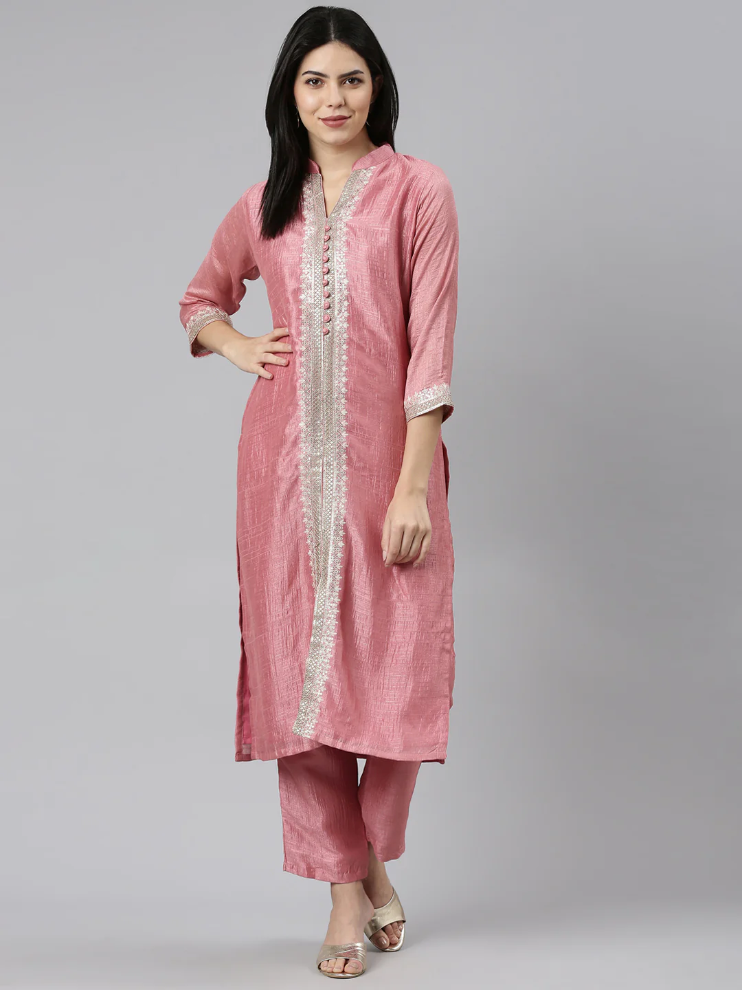 Neerus Pink Regular Straight Solid Kurta And Trousers - Image 5