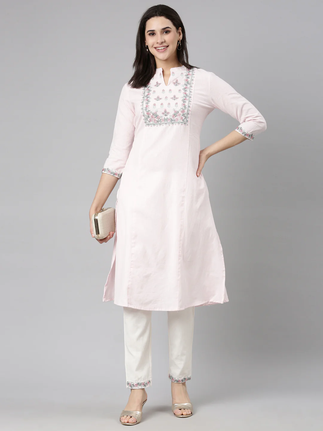 Neerus Pink Regular Straight Solid Kurta And  Trousers - Image 4