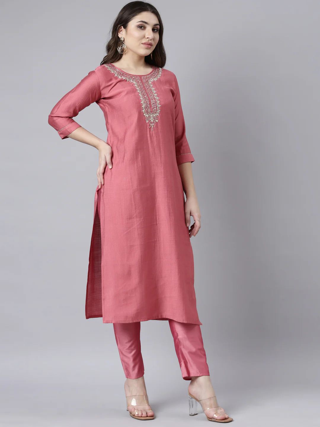 Neerus Pink Regular Straight Solid Kurta And Trousers With Dupatta - Image 2