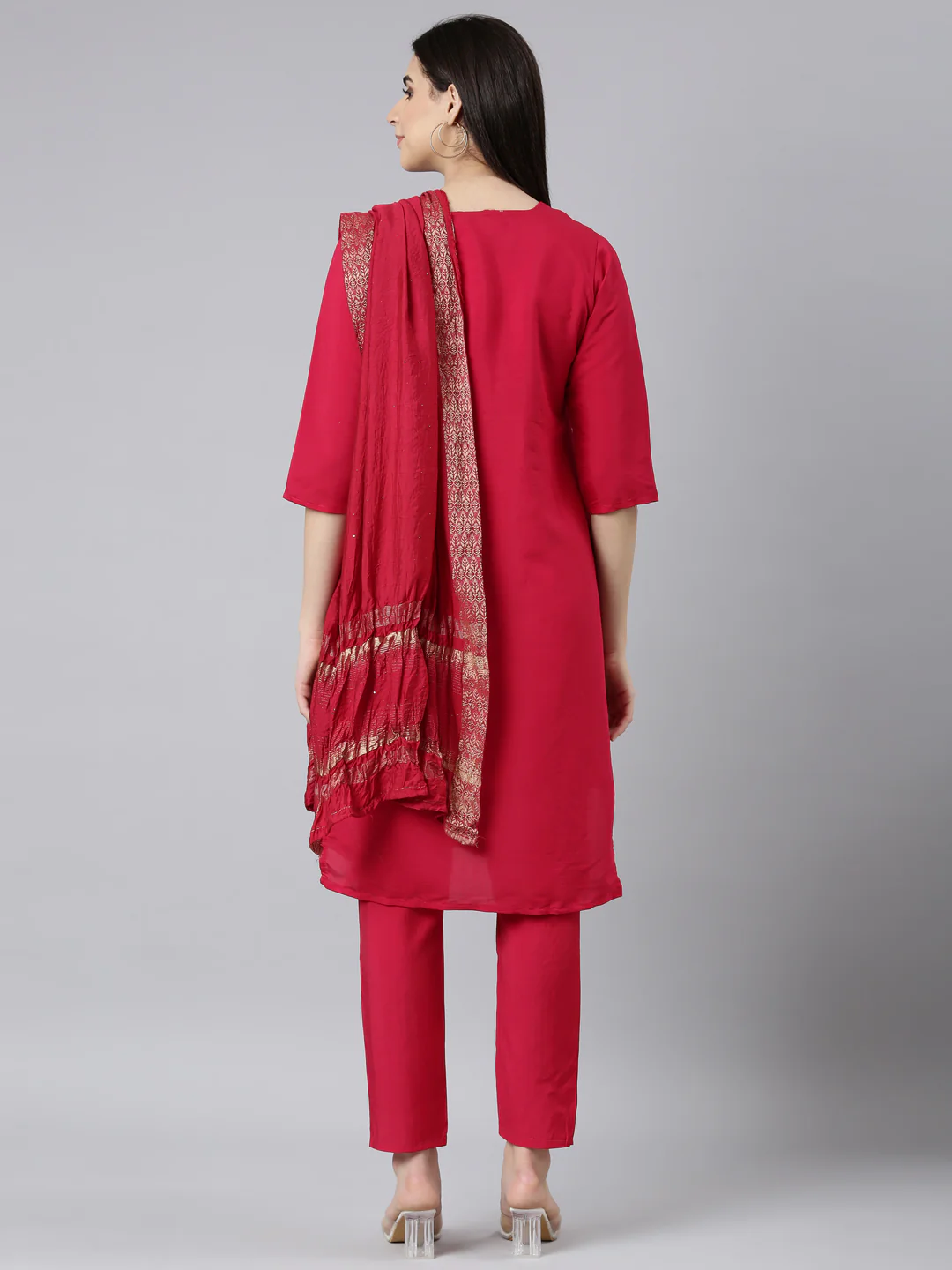 Neerus Pink Regular Straight Solid Kurta And Trousers With Dupatta - Image 3