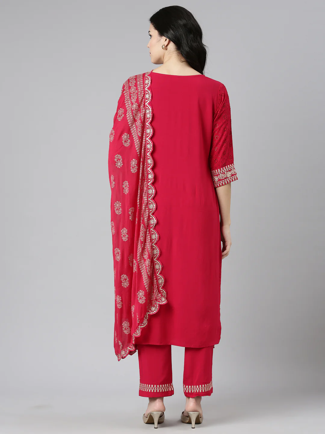 Neerus Pink Regular Straight Solid Kurta And Trousers With Dupatta - Image 3