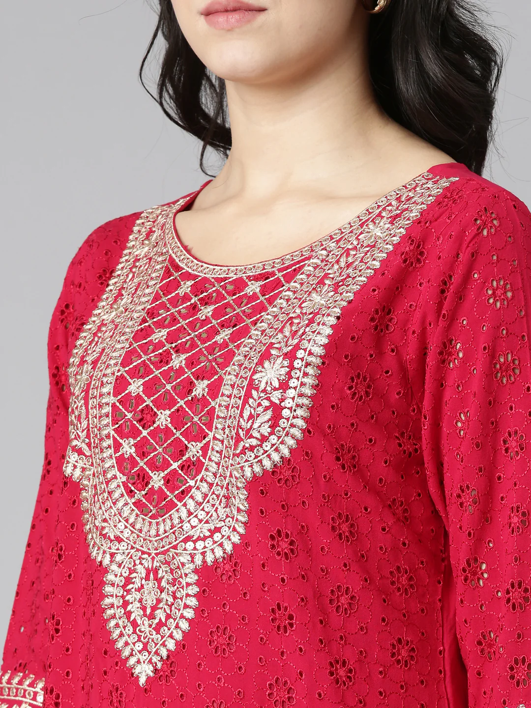 Neerus Pink Regular Straight Solid Kurta And Trousers With Dupatta - Image 4