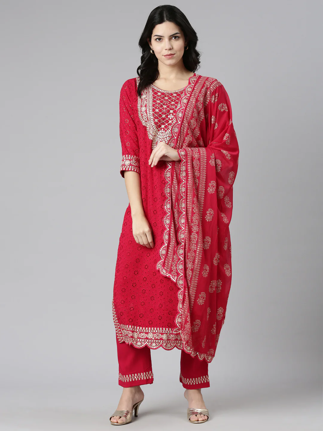 Neerus Pink Regular Straight Solid Kurta And Trousers With Dupatta - Image 5