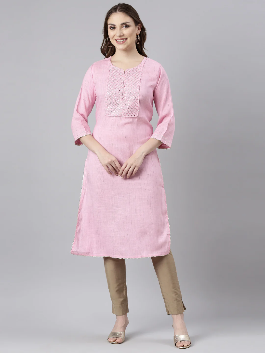 Neerus Pink Regular Straight Solid Kurta