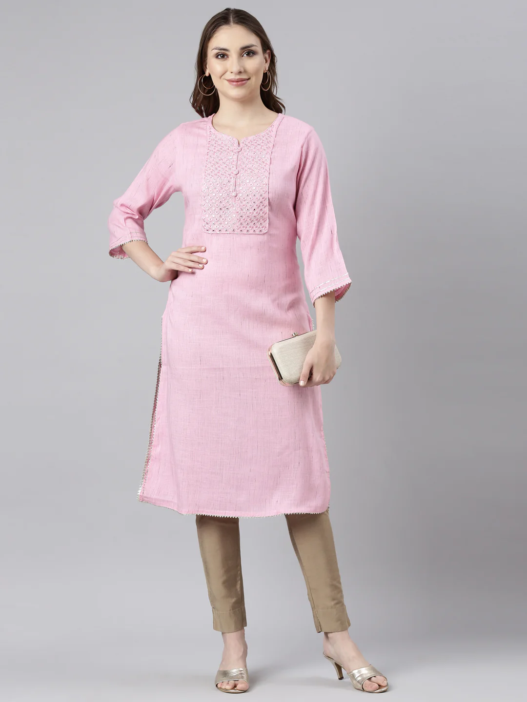 Neerus Pink Regular Straight Solid Kurta - Image 4