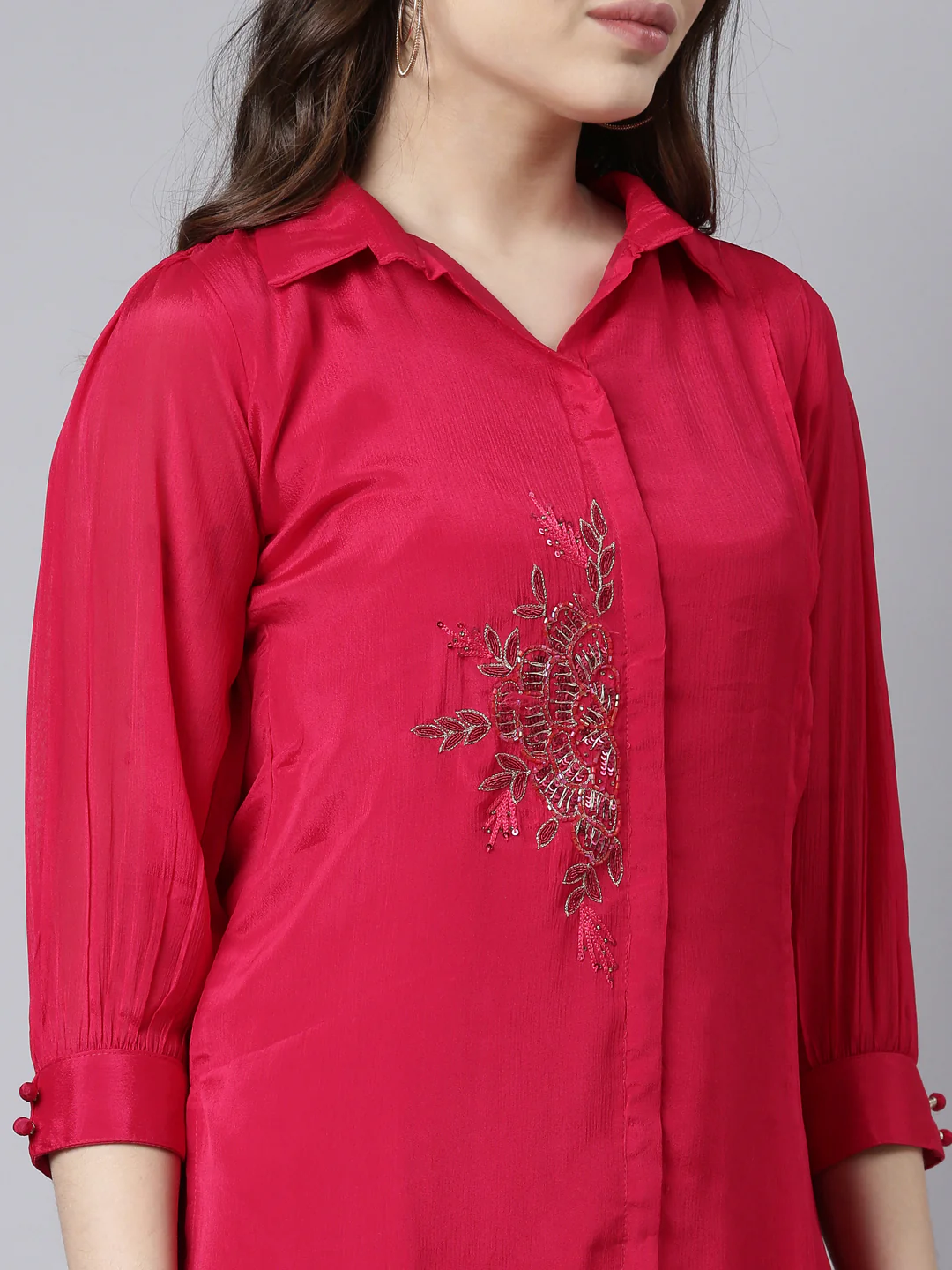 Neerus Pink Regular Straight Solid Top And Trousers - Image 4
