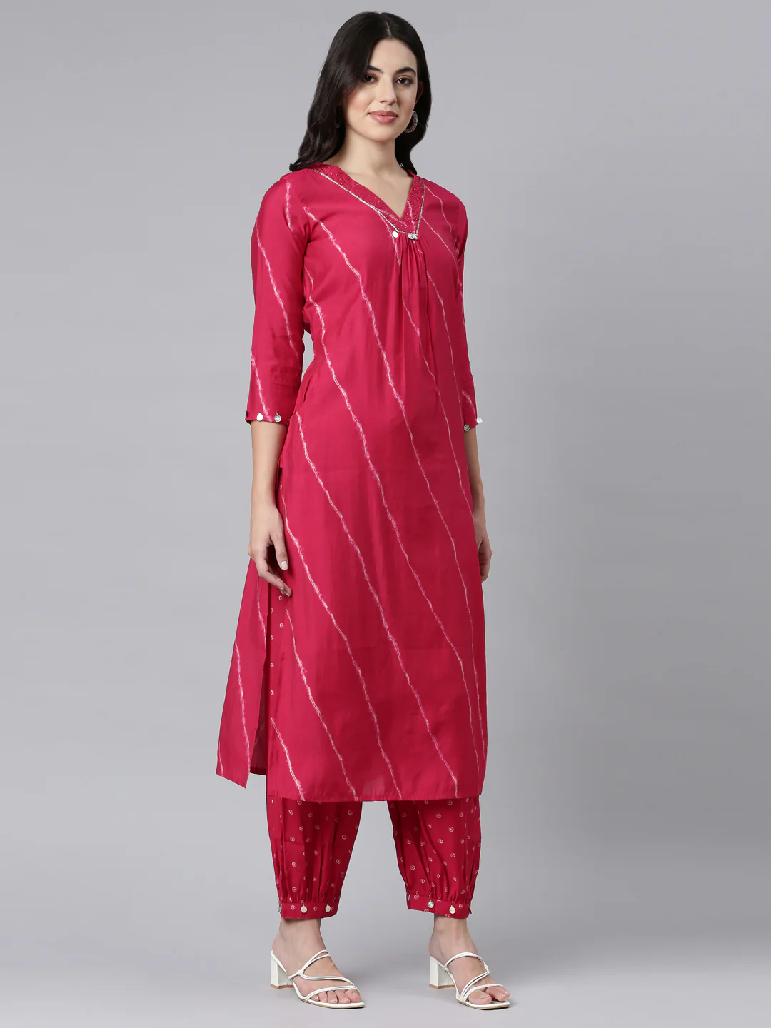 Neerus Pink Regular Straight Striped Kurta And Salwar With Dupatta - Image 2