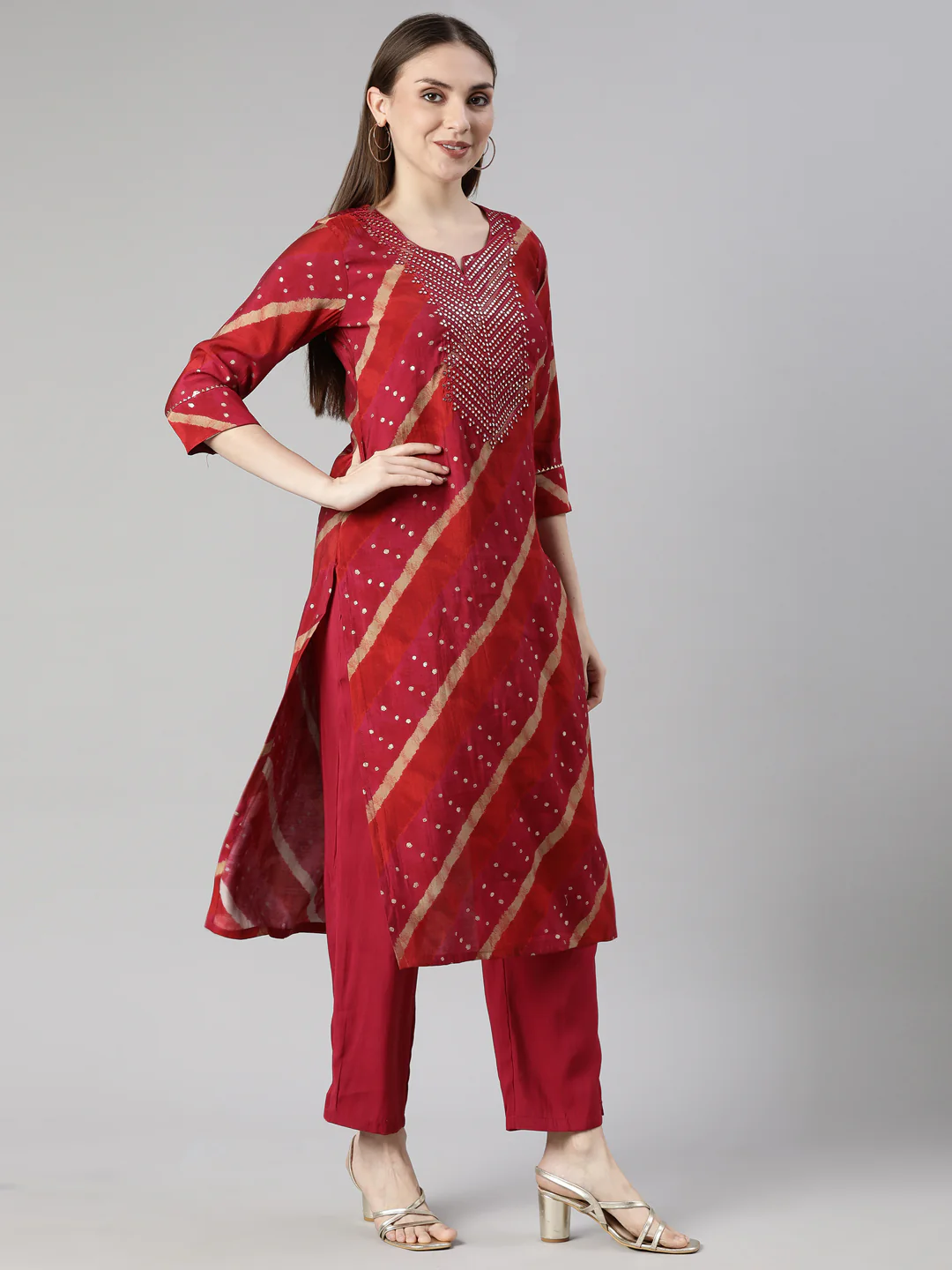 Neerus Pink Regular Straight Striped Kurta And  Trousers - Image 2