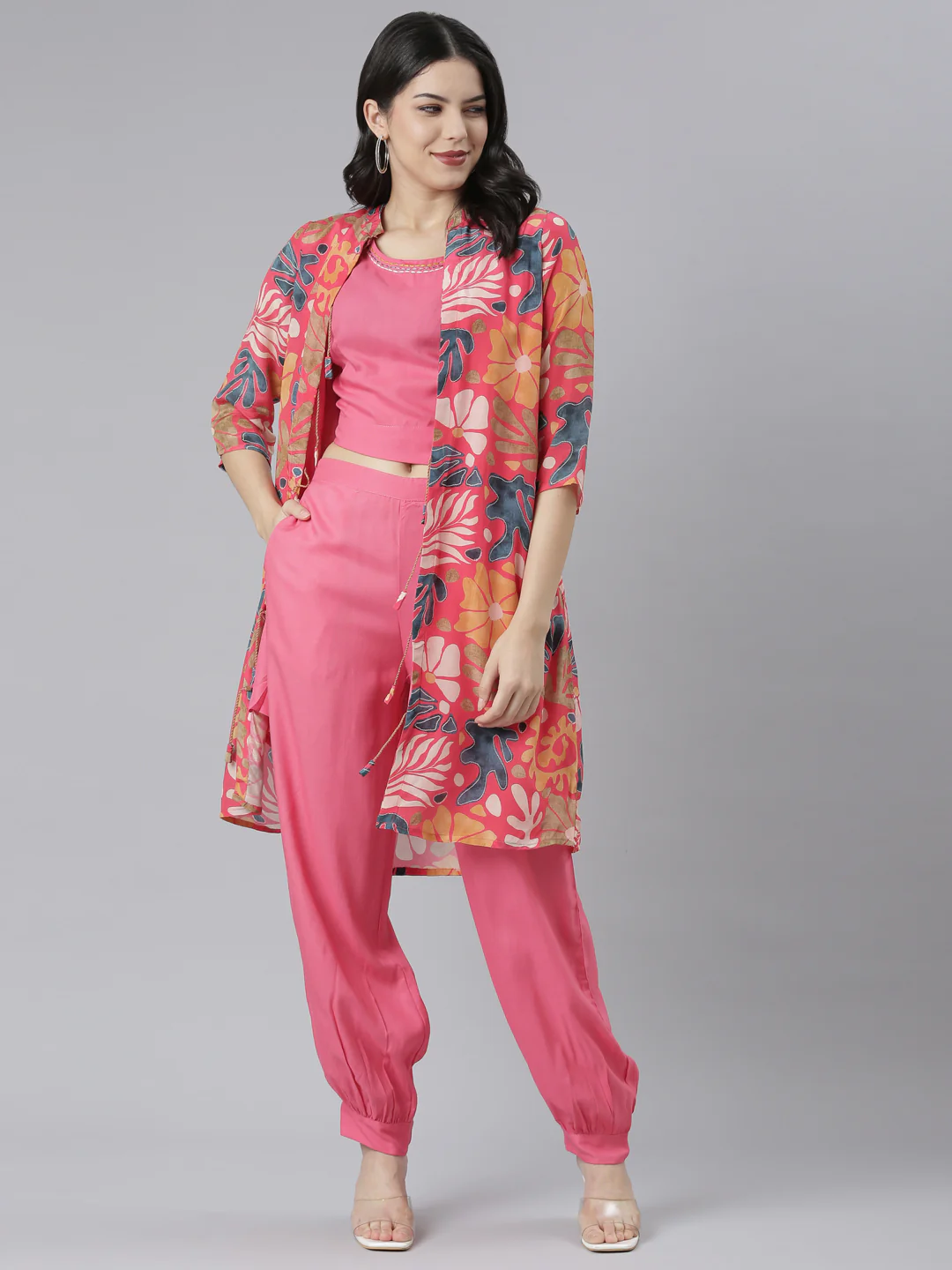 Neerus Pink Regular Straight Tribal Top And Salwar With Jacket - Image 5