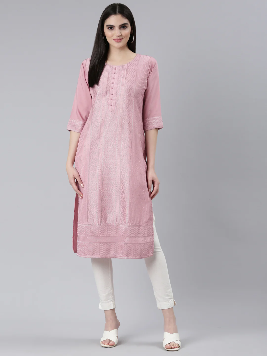 Neerus Pink Regular Straight Woven Design Kurta - Image 5