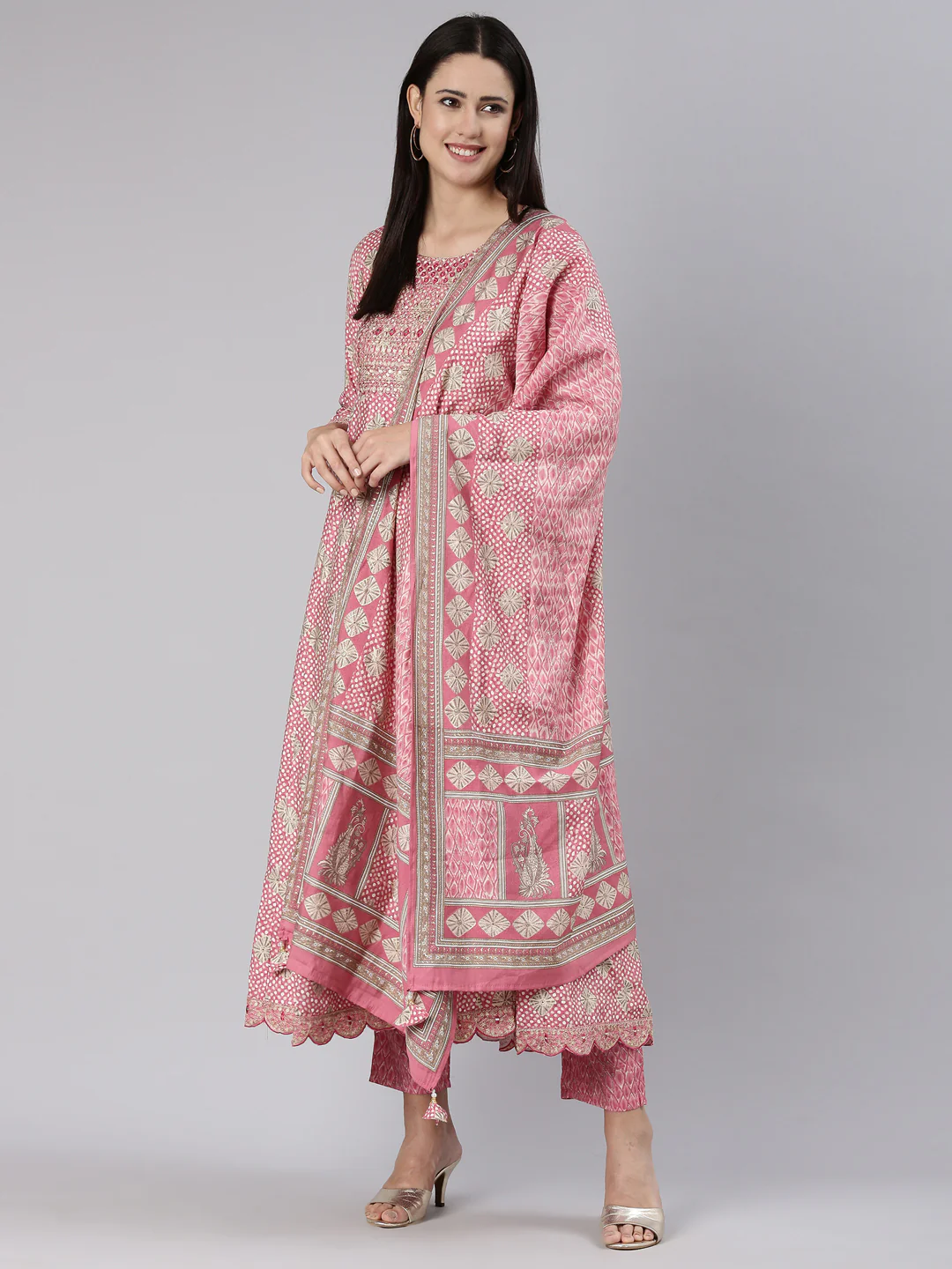 Neerus Pink Regular Straight Yoke Design Kurta And Trousers With Dupatta - Image 5