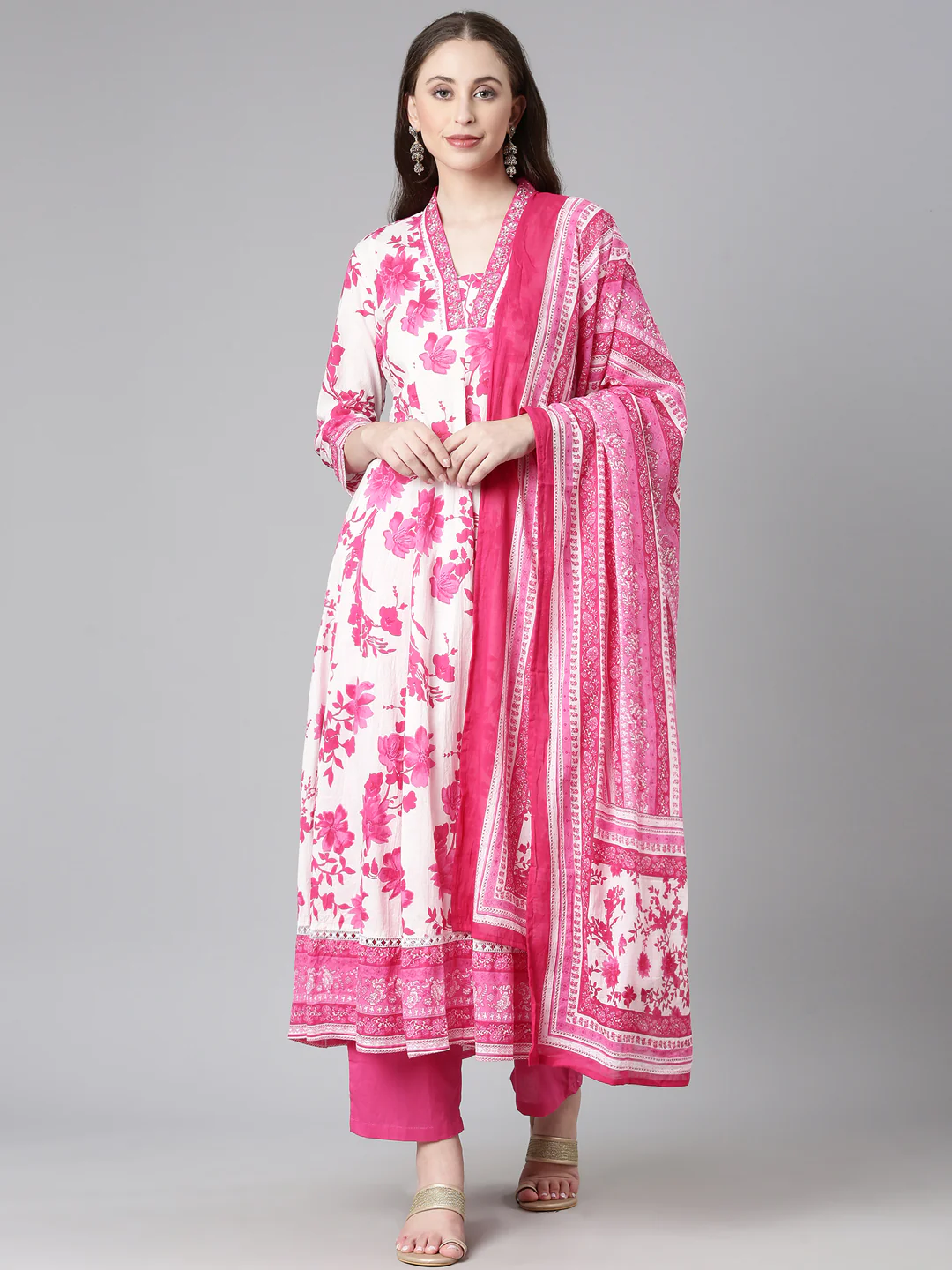 Neerus Pink Solid Anarkali Kurta and Trousers With Dupatta - Image 2