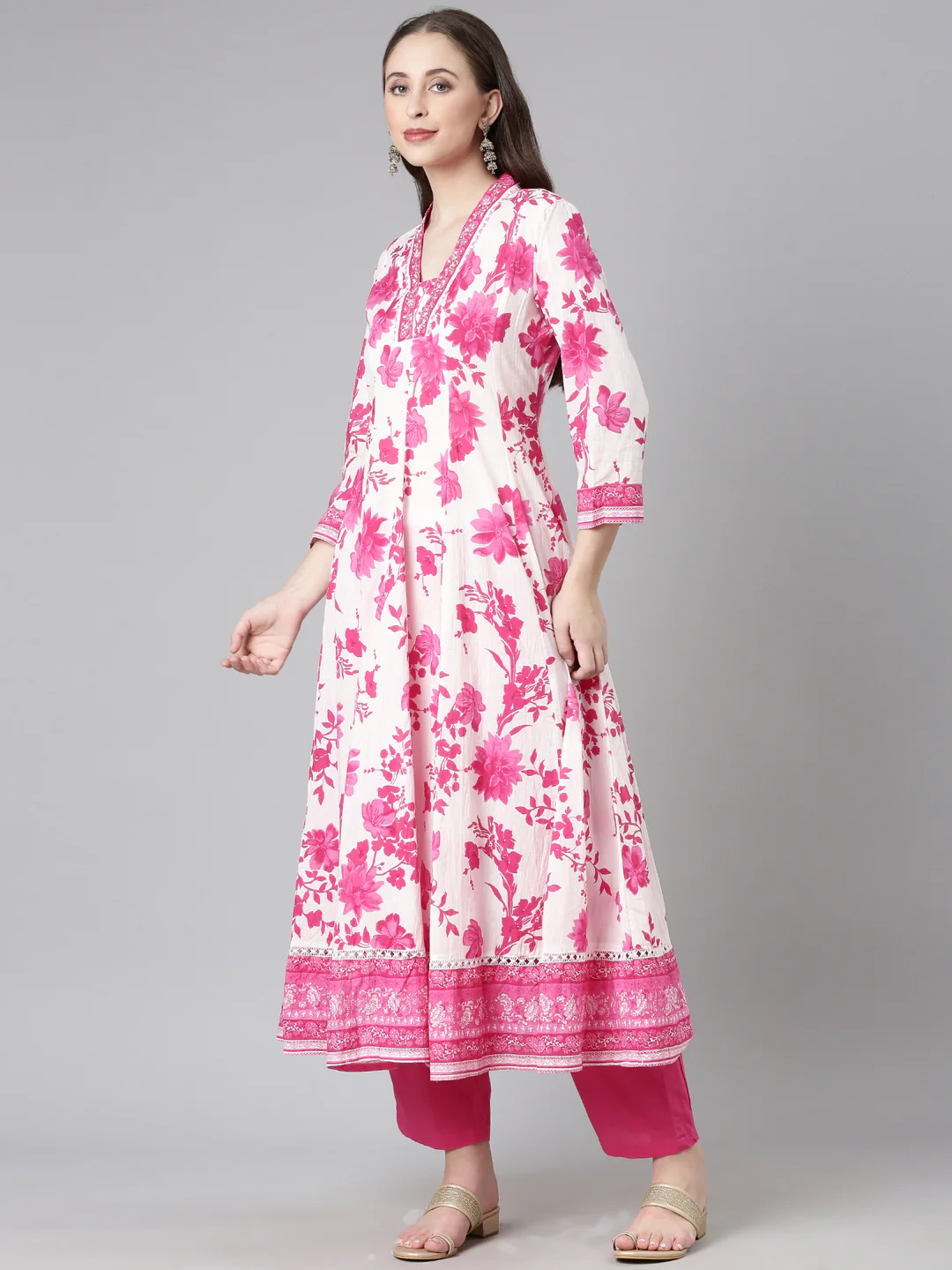 Neerus Pink Solid Anarkali Kurta and Trousers With Dupatta - Image 3
