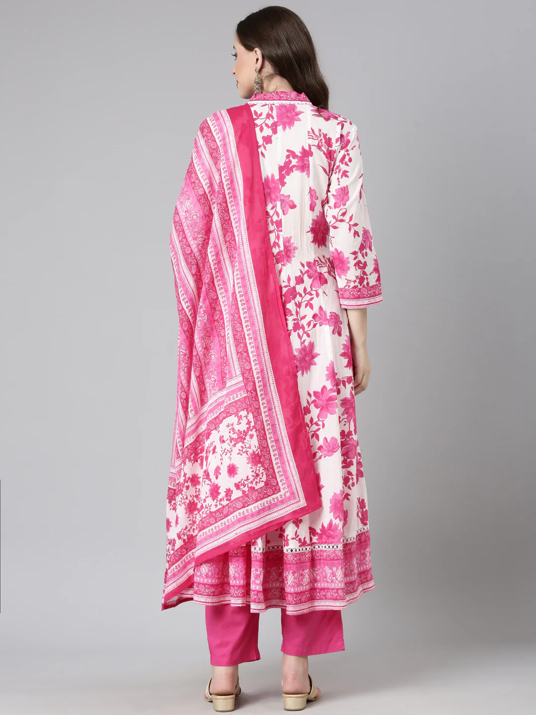Neerus Pink Solid Anarkali Kurta and Trousers With Dupatta - Image 4