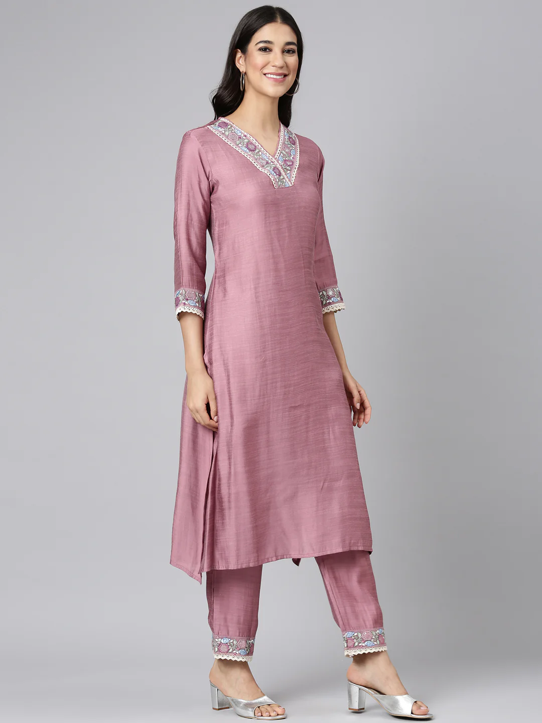 Neerus Pink Solid Straight Kurta and Trousers - Image 2