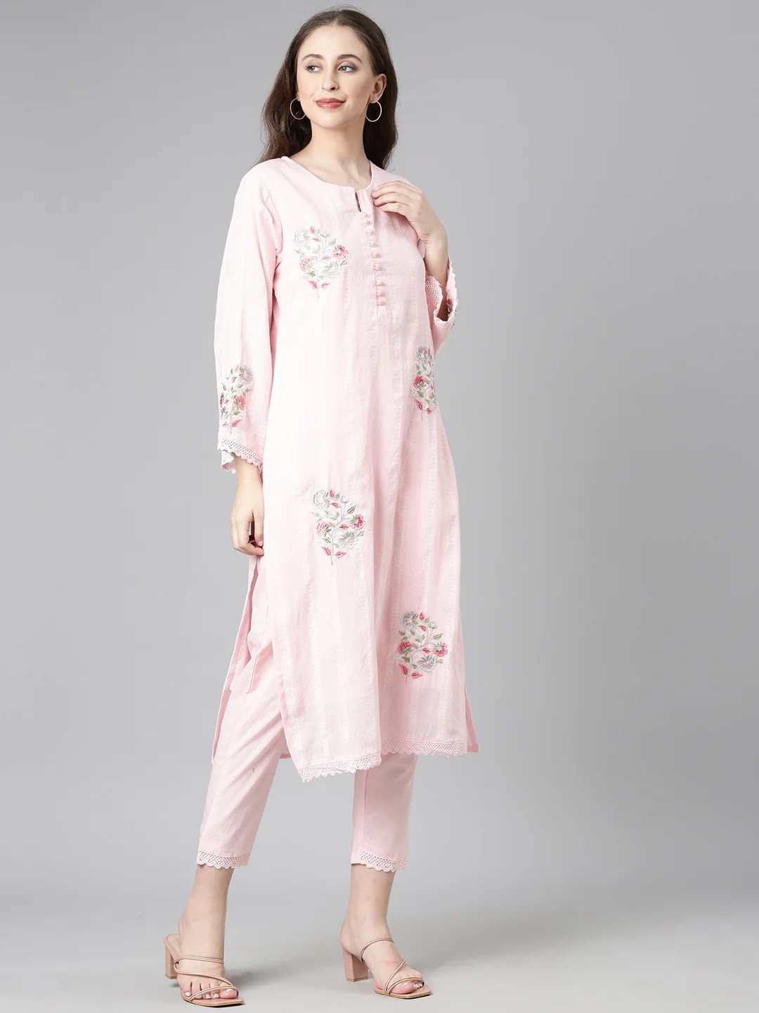 Neerus Pink Solid Straight Kurta and Trousers With Dupatta - Image 2