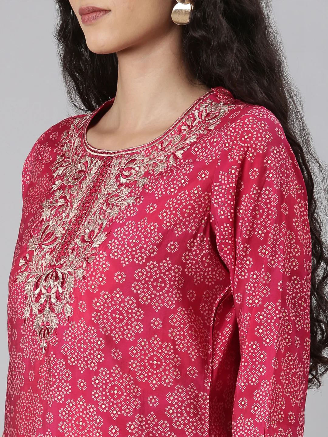 Neerus Pink Straight Casual Bandhani Kurta and plazzo with Dupatta - Image 5