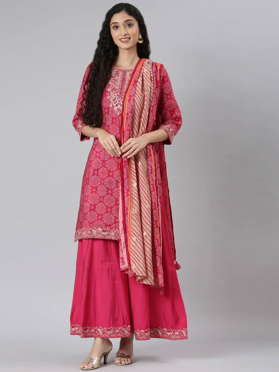 Neerus Pink Straight Casual Bandhani Kurta and plazzo with Dupatta - Image 6