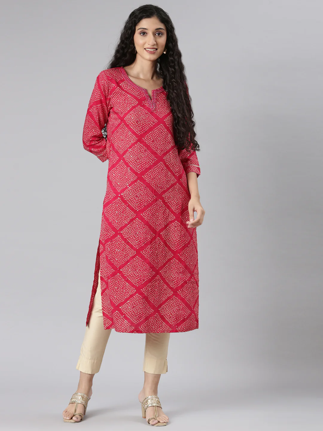 Neerus Pink Straight Casual Bandhani Straight Kurta - Image 6