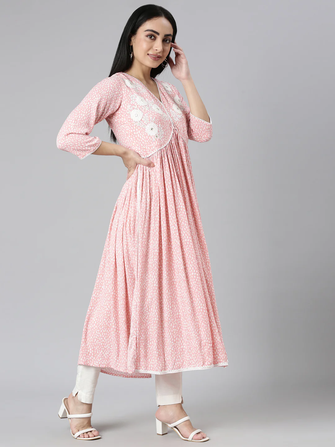 Neerus Pink Straight Casual Floral Anarkali Kurta - Image 2
