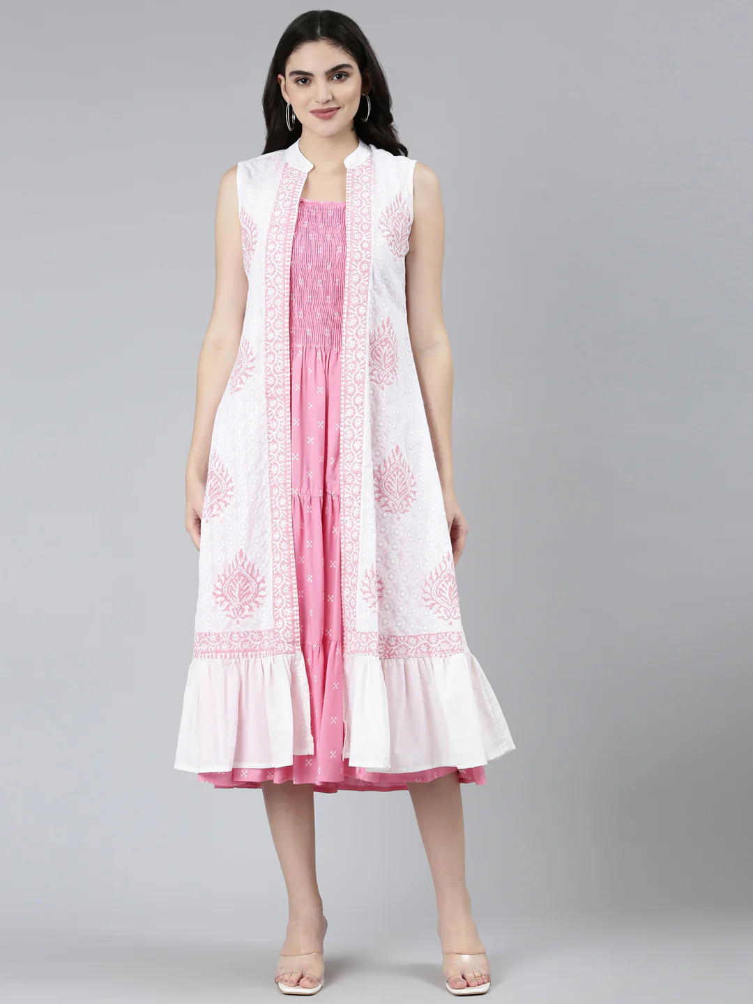 Neerus Pink Straight Casual Floral Dresses