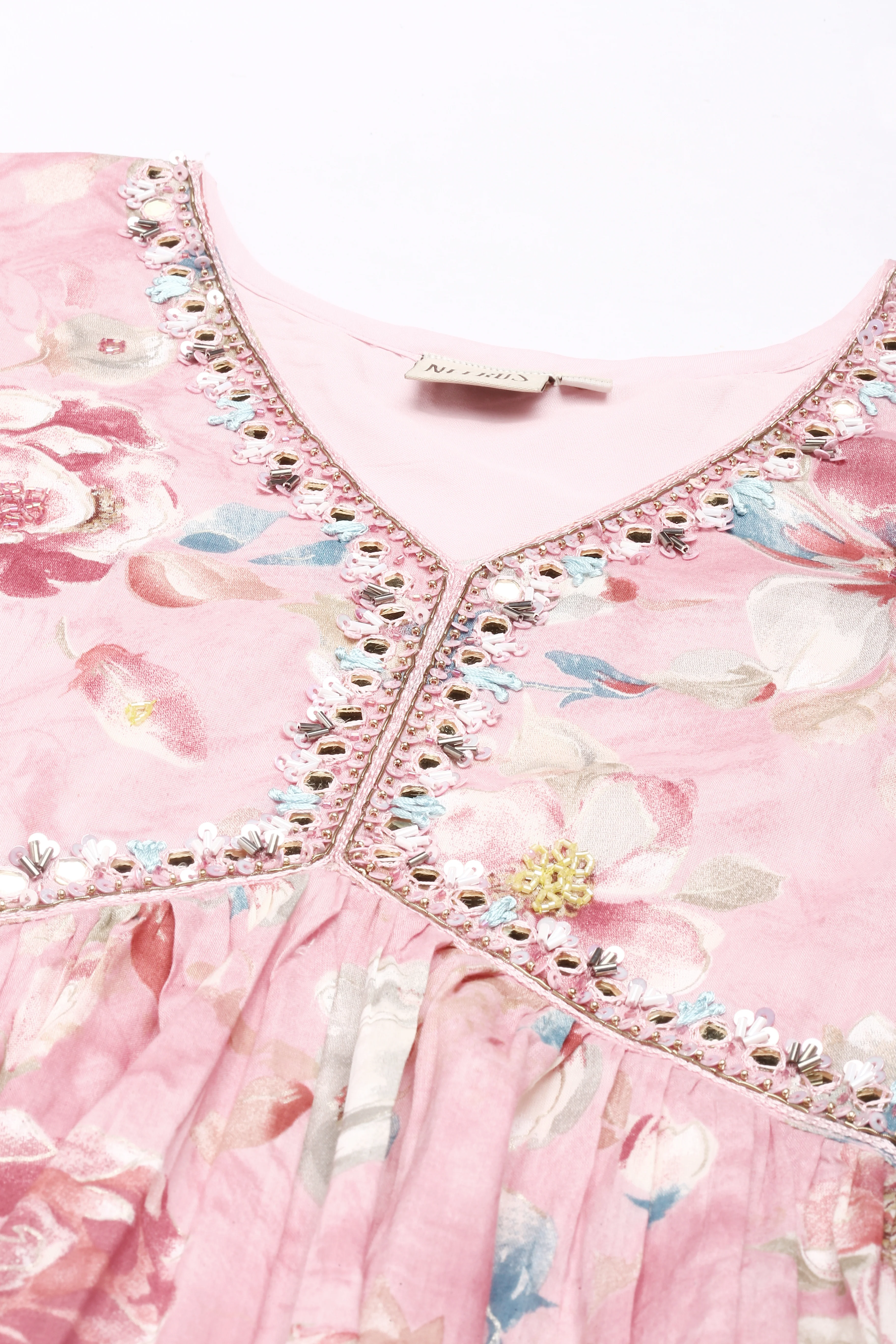 Neerus Pink Straight Casual Floral Dresses - Image 2