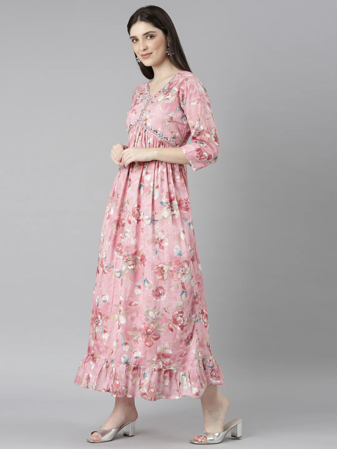 Neerus Pink Straight Casual Floral Dresses - Image 3