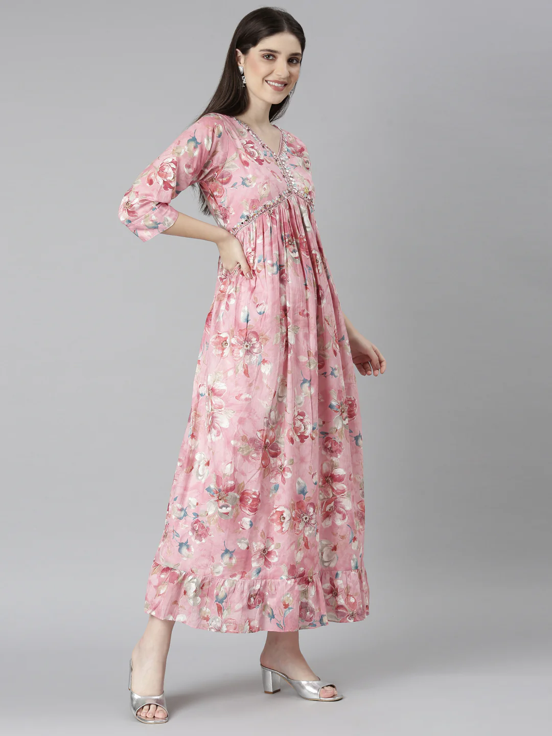 Neerus Pink Straight Casual Floral Dresses - Image 4